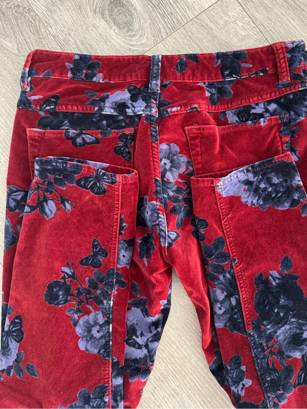 Free People Velvet Floral Skinny Pants Burgundy Navy boho whimsigoth Size 28 - Picture 7 of 11